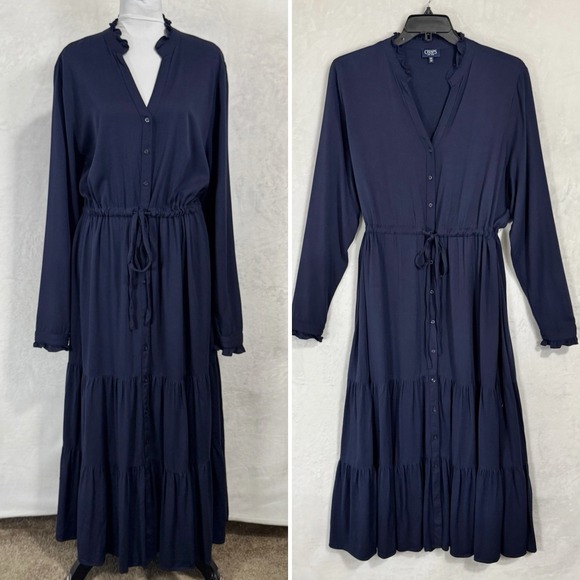 Chaps Boho Tiered Maxi Shirt Dress Size‎ XXL Navy Blue Tie Waist Cottage Prairie - Picture 1 of 16